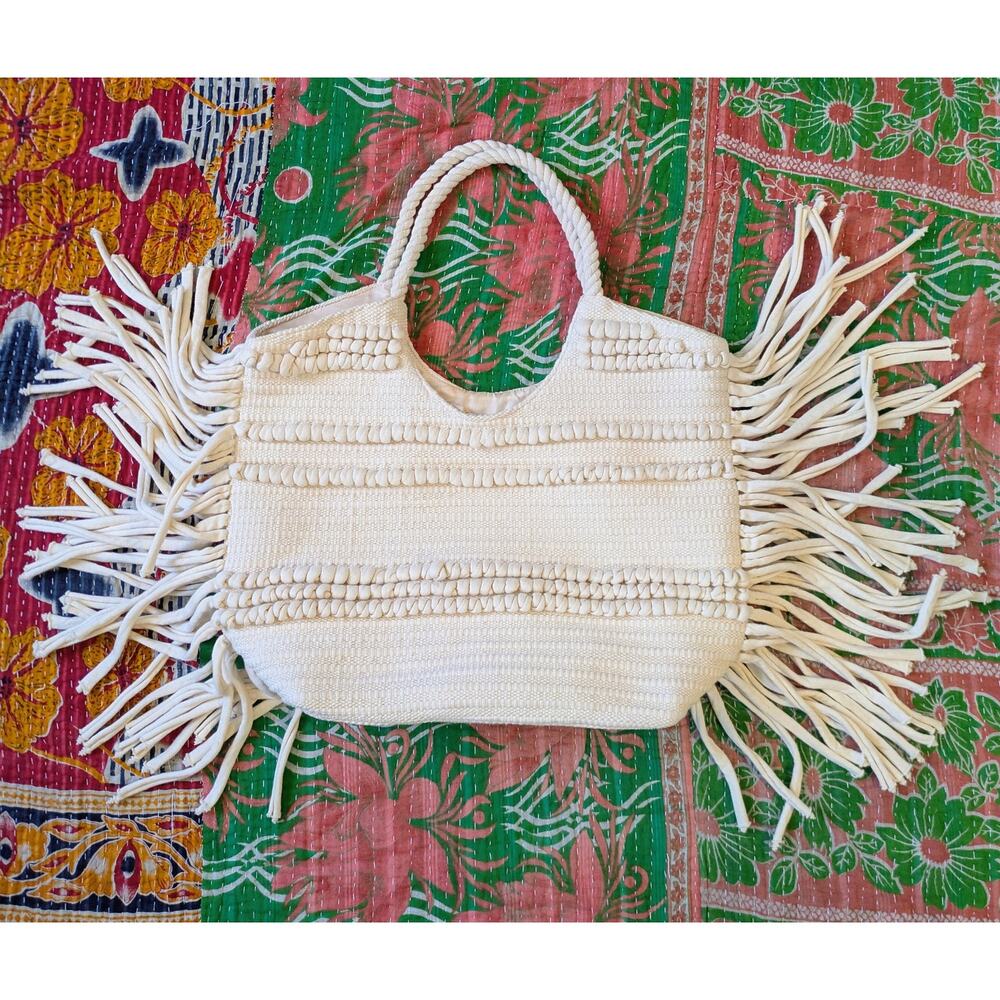 Summer Fringe Boho Bag, Cream White Woven Textile, Beach and Shopping Bag by H&M